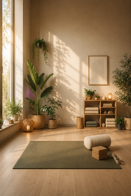 Ruhiger Yoga-Raum mit Matte, Pflanzen und sanftem Morgenlicht