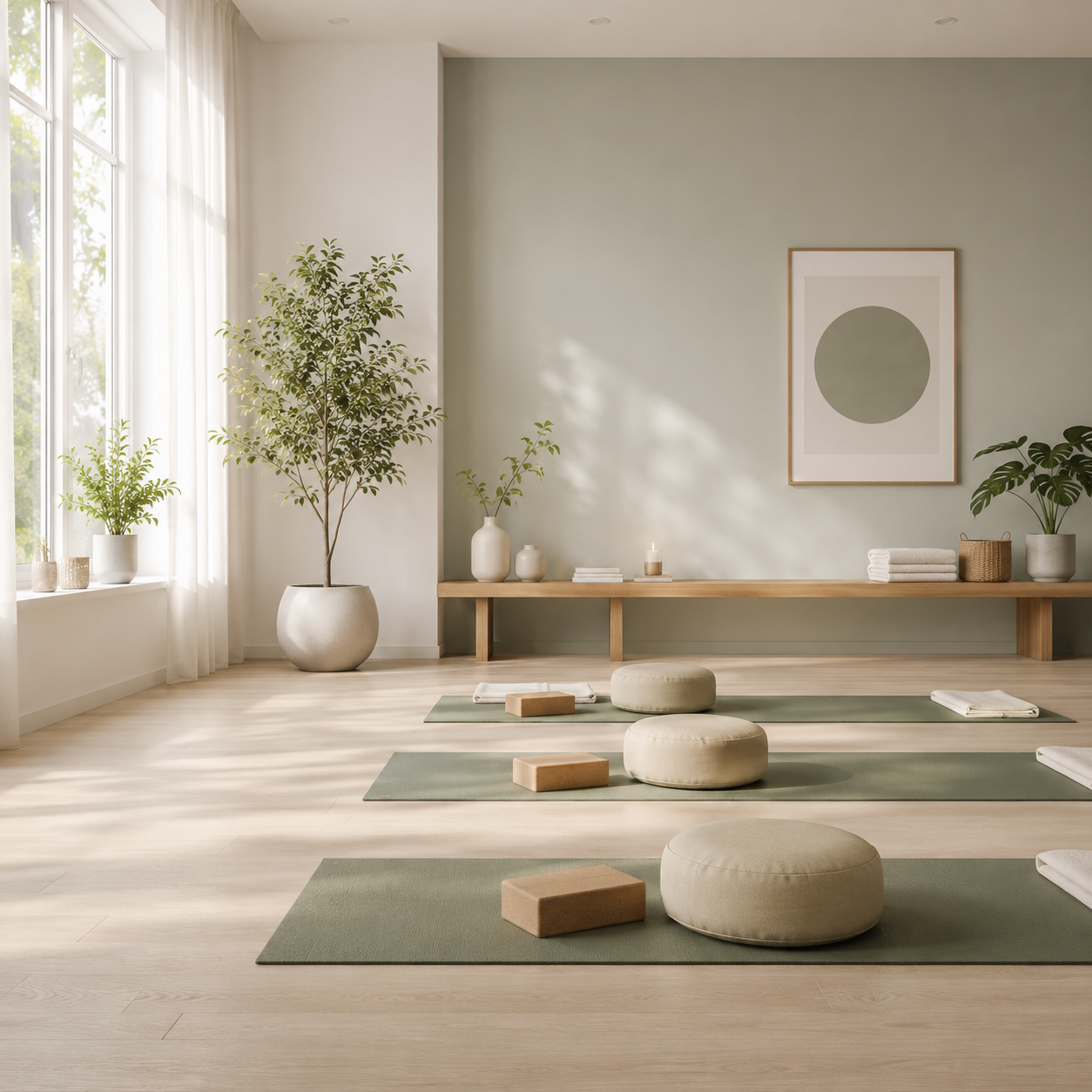 Heller Raum mit Yogamatten, Kissen und natürlicher Dekoration